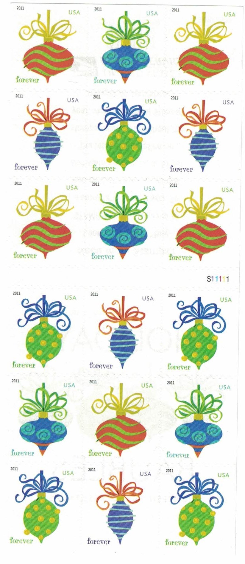 2011 US Holiday Baubles Forever Stamps Booklet of 20 - Kestreli