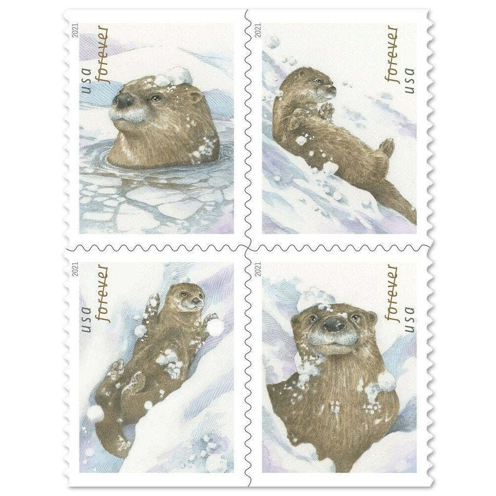 (2021) USPS Otters in Snow Forever Postage Stamps - Kestreli