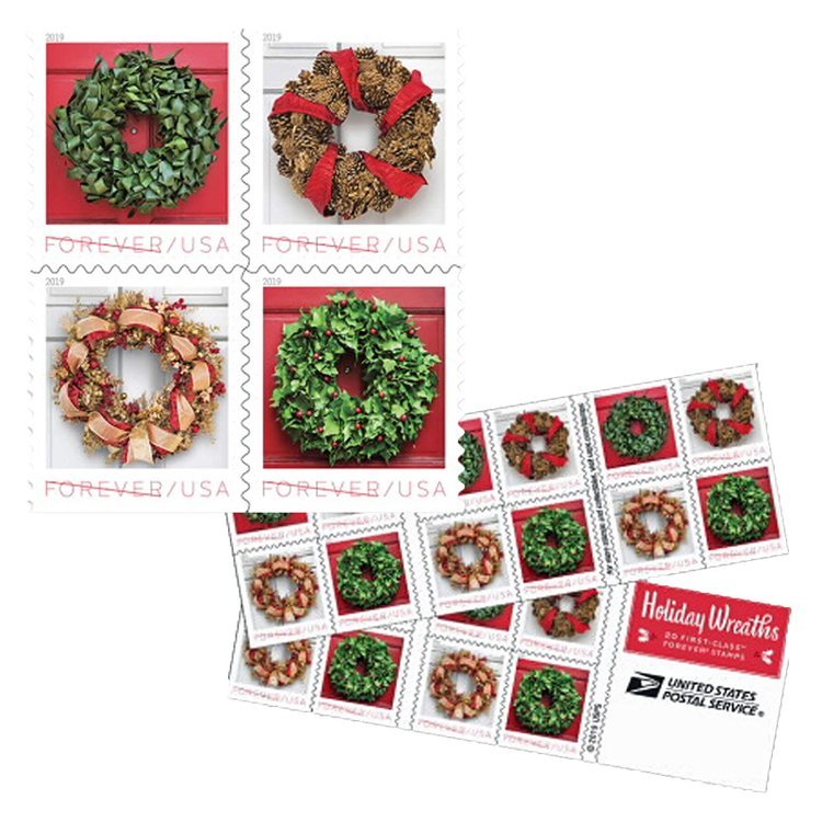 (2019) USPS Christmas Tradition Celebration Holiday Wreaths Forever Stamps - Kestreli