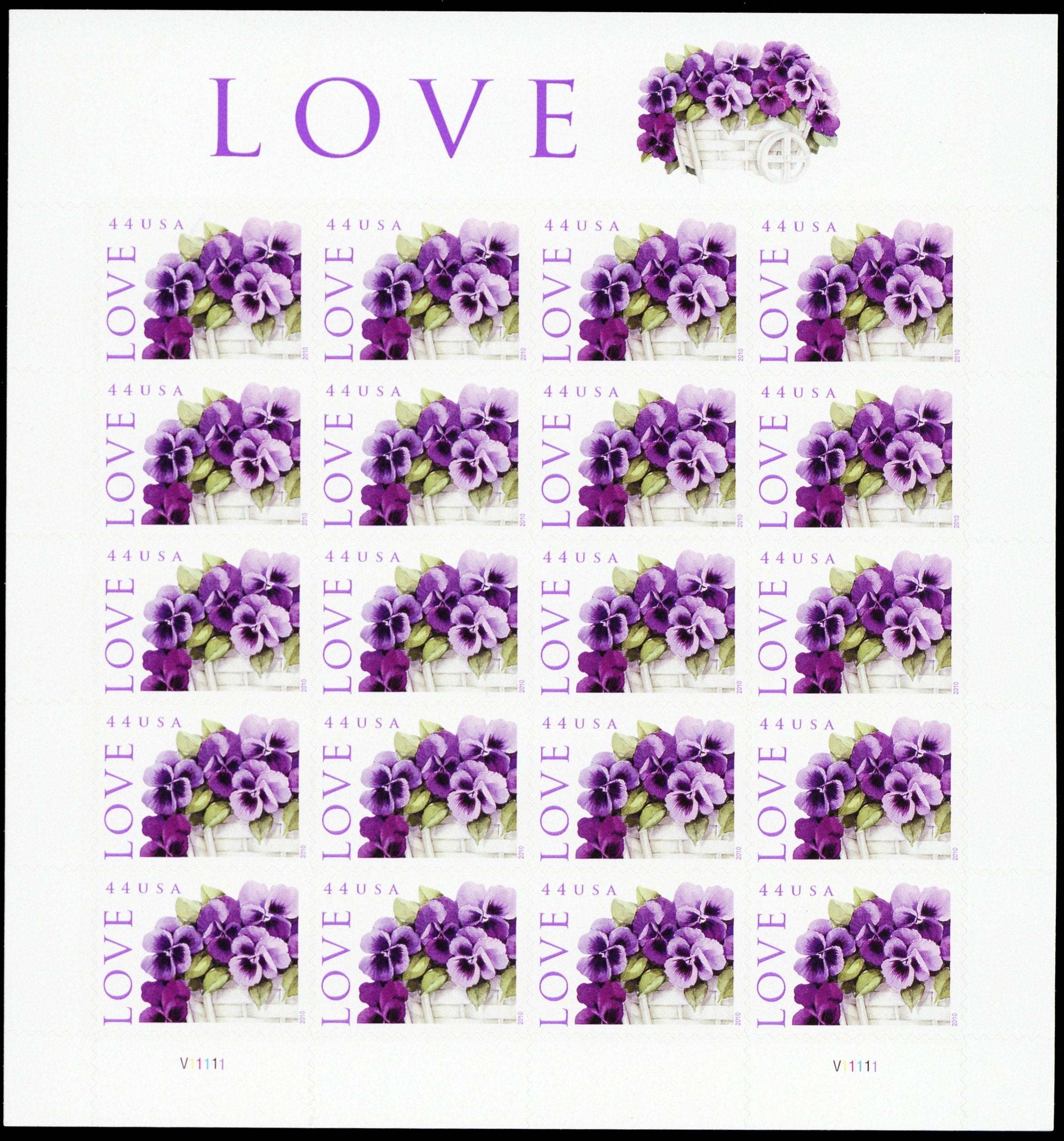 2010 LOVE: Pansies in a Basket Collectible Stamp Sheet of Twenty 44 Cent Stamps - Kestreli