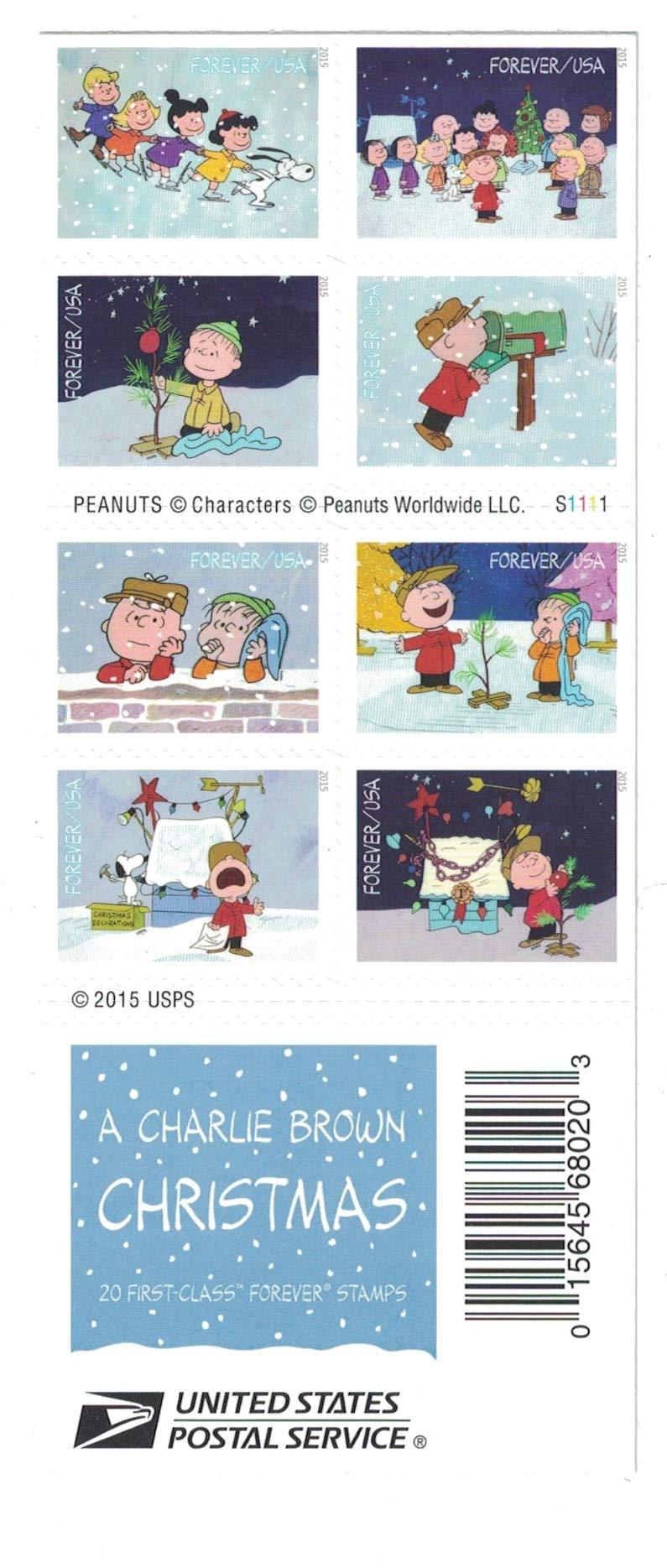 2015 USPS Charlie Brown Xmas Pane of 20 Forever Postage Stamps - Kestreli